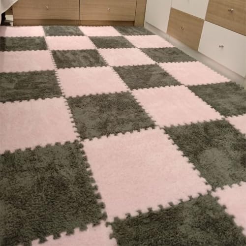 Flauschige Plüsch-Bodenmatte, Ineinandergreifende Puzzle-Schaumstoff Fliesen, Rutschfester, Waschbarer Fläche Teppich für Spielzimmer, Schlafzimmer, Wohnzimmer, Heimdekoration(Gray+Pink,12 pces) von LDZDGD