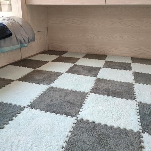 Flauschige Plüsch-Bodenmatte, Ineinandergreifende Puzzle-Schaumstoff Fliesen, Rutschfester, Waschbarer Fläche Teppich für Spielzimmer, Schlafzimmer, Wohnzimmer, Heimdekoration(Gray+White,24 pces) von LDZDGD