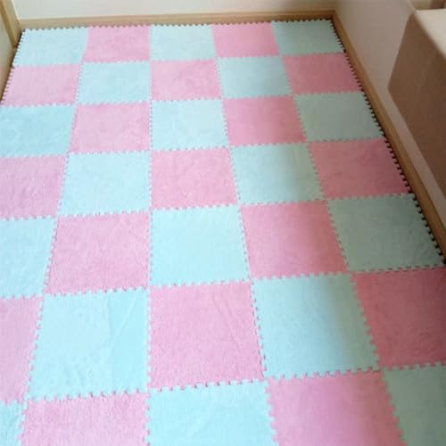 Flauschige Plüsch-Bodenmatte, Ineinandergreifende Puzzle-Schaumstoff Fliesen, Rutschfester, Waschbarer Fläche Teppich für Spielzimmer, Schlafzimmer, Wohnzimmer, Heimdekoration(Pink+Blue,12 pces) von LDZDGD