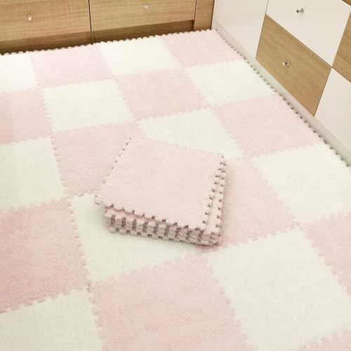 Flauschige Plüsch-Bodenmatte, Ineinandergreifende Puzzle-Schaumstoff Fliesen, Rutschfester, Waschbarer Fläche Teppich für Spielzimmer, Schlafzimmer, Wohnzimmer, Heimdekoration(Pink+White,24 pces) von LDZDGD