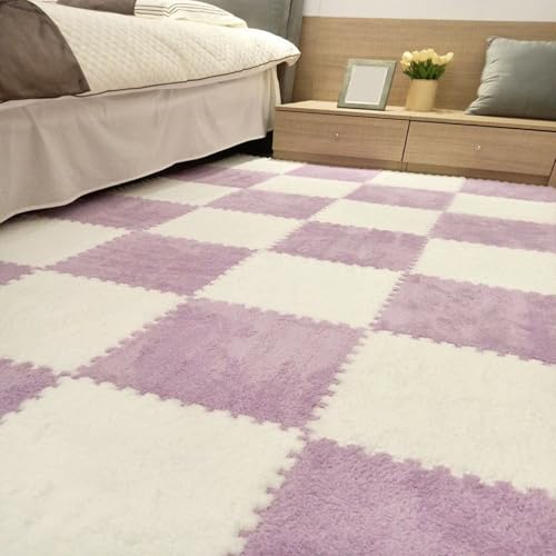 Flauschige Plüsch-Bodenmatte, Ineinandergreifende Puzzle-Schaumstoff Fliesen, Rutschfester, Waschbarer Fläche Teppich für Spielzimmer, Schlafzimmer, Wohnzimmer, Heimdekoration(Purple+White,12 pces) von LDZDGD