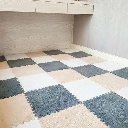 Flauschige Plüsch-Bodenmatte, Ineinandergreifende Puzzle-Schaumstoff Fliesen, Rutschfester, Waschbarer Fläche Teppich für Spielzimmer, Schlafzimmer, Wohnzimmer, Heimdekoration(White+Blue+Coffee,24 pce von LDZDGD