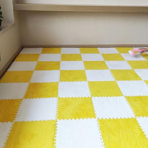 Flauschige Plüsch-Bodenmatte, Ineinandergreifende Puzzle-Schaumstoff Fliesen, Rutschfester, Waschbarer Fläche Teppich für Spielzimmer, Schlafzimmer, Wohnzimmer, Heimdekoration(Yellow+White,12 pces) von LDZDGD