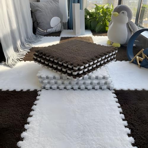 Flauschige Schaumstoff-Bodenmatte für Wohnzimmer und Schlafzimmer, Ineinandergreifende Puzzle-Teppichfliesen, Rutschfester Schutzteppich für Die Dekoration Im Spielzimmer(Black+White,12 pces) von LDZDGD