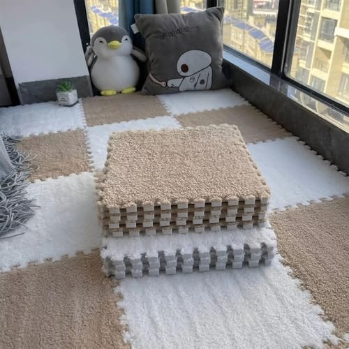 Flauschige Schaumstoff-Bodenmatte für Wohnzimmer und Schlafzimmer, Ineinandergreifende Puzzle-Teppichfliesen, Rutschfester Schutzteppich für Die Dekoration Im Spielzimmer(Coffee+White,12 pces) von LDZDGD