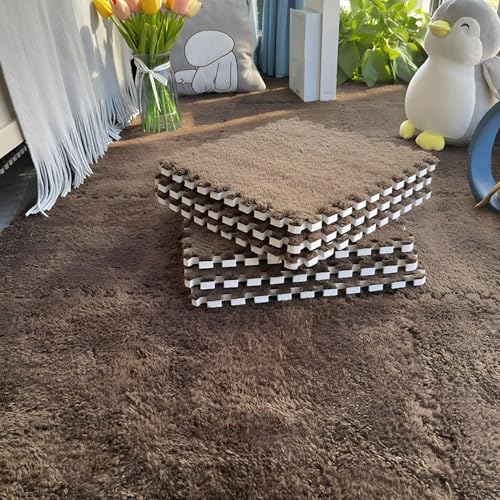 Flauschige Schaumstoff-Bodenmatte für Wohnzimmer und Schlafzimmer, Ineinandergreifende Puzzle-Teppichfliesen, Rutschfester Schutzteppich für Die Dekoration Im Spielzimmer(Dark Brown,24 pces) von LDZDGD