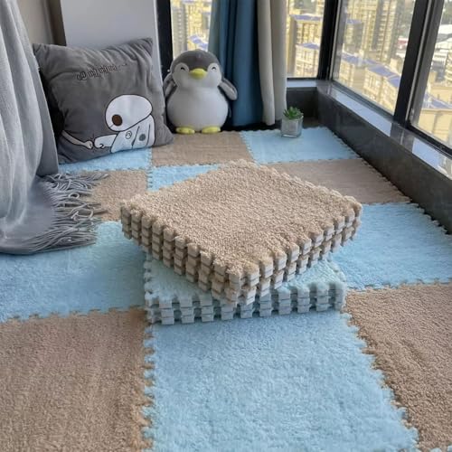 Flauschige Schaumstoff-Bodenmatte für Wohnzimmer und Schlafzimmer, Ineinandergreifende Puzzle-Teppichfliesen, Rutschfester Schutzteppich für Die Dekoration Im Spielzimmer(Light Blue+Camel,12 pces) von LDZDGD