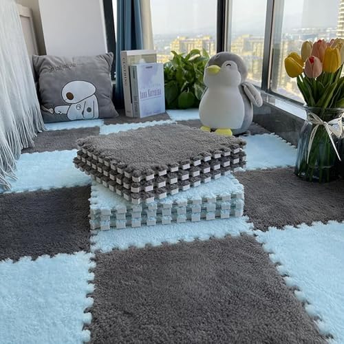 Flauschige Schaumstoff-Bodenmatte für Wohnzimmer und Schlafzimmer, Ineinandergreifende Puzzle-Teppichfliesen, Rutschfester Schutzteppich für Die Dekoration Im Spielzimmer(Light Blue+Gray,12 pces) von LDZDGD