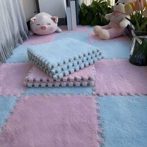 Flauschige Schaumstoff-Bodenmatte für Wohnzimmer und Schlafzimmer, Ineinandergreifende Puzzle-Teppichfliesen, Rutschfester Schutzteppich für Die Dekoration Im Spielzimmer(Light Blue+Light Pink,12 pces von LDZDGD