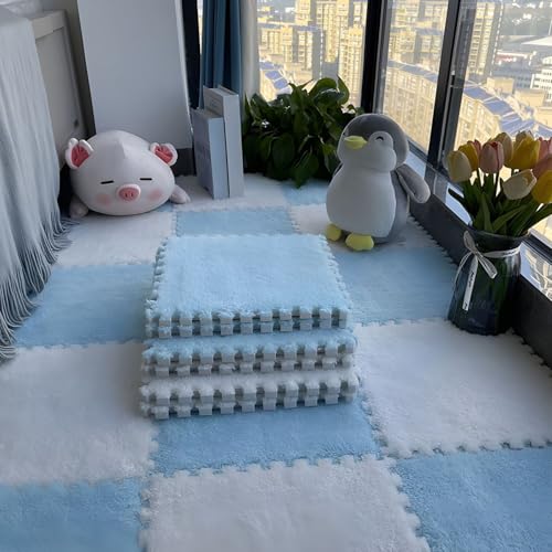 Flauschige Schaumstoff-Bodenmatte für Wohnzimmer und Schlafzimmer, Ineinandergreifende Puzzle-Teppichfliesen, Rutschfester Schutzteppich für Die Dekoration Im Spielzimmer(Light Blue+White,24 pces) von LDZDGD