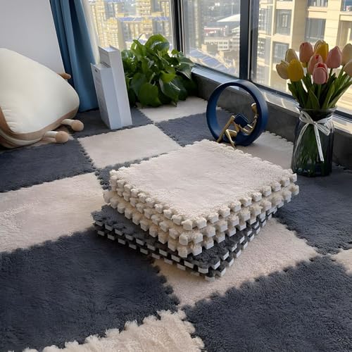 Flauschige Schaumstoff-Bodenmatte für Wohnzimmer und Schlafzimmer, Ineinandergreifende Puzzle-Teppichfliesen, Rutschfester Schutzteppich für Die Dekoration Im Spielzimmer(Light Brown+Gray,12 pces) von LDZDGD