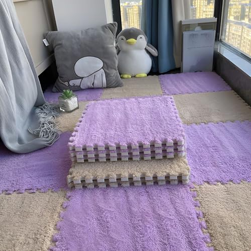 Flauschige Schaumstoff-Bodenmatte für Wohnzimmer und Schlafzimmer, Ineinandergreifende Puzzle-Teppichfliesen, Rutschfester Schutzteppich für Die Dekoration Im Spielzimmer(Purple+Camel,12 pces) von LDZDGD