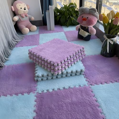 Flauschige Schaumstoff-Bodenmatte für Wohnzimmer und Schlafzimmer, Ineinandergreifende Puzzle-Teppichfliesen, Rutschfester Schutzteppich für Die Dekoration Im Spielzimmer(Purple+Light Blue,12 pces) von LDZDGD