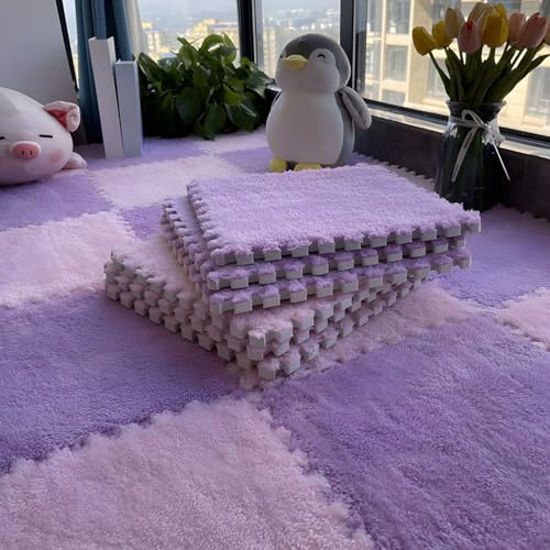 Flauschige Schaumstoff-Bodenmatte für Wohnzimmer und Schlafzimmer, Ineinandergreifende Puzzle-Teppichfliesen, Rutschfester Schutzteppich für Die Dekoration Im Spielzimmer(Purple+Light Pink,24 pces) von LDZDGD