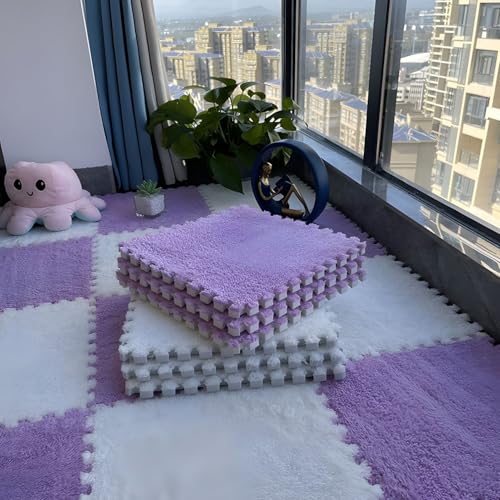 Flauschige Schaumstoff-Bodenmatte für Wohnzimmer und Schlafzimmer, Ineinandergreifende Puzzle-Teppichfliesen, Rutschfester Schutzteppich für Die Dekoration Im Spielzimmer(Purple+White,24 pces) von LDZDGD