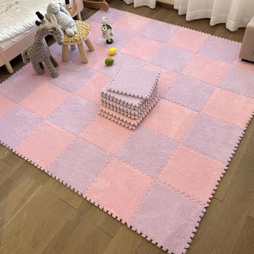 Ineinandergreifende Bodenmatten Aus Plüsch Schaum – Weiche Puzzle Fliesen für Kinder, Kinderzimmer, Spielzimmer – Dicker, Rutschfester, Gepolsterter Bodenbelag(Light Purple+Pink,12 pces) von LDZDGD