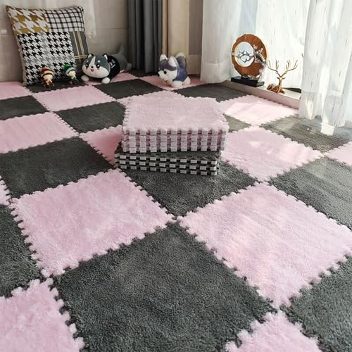 Ineinandergreifende Plüsch Schaum-Bodenmatten - Weiche, rutschfeste, Waschbare Puzzle-Fliesen für Haus, Kinderspielzimmer, Schlafzimmer(Gray and Pink,10 pces) von LDZDGD