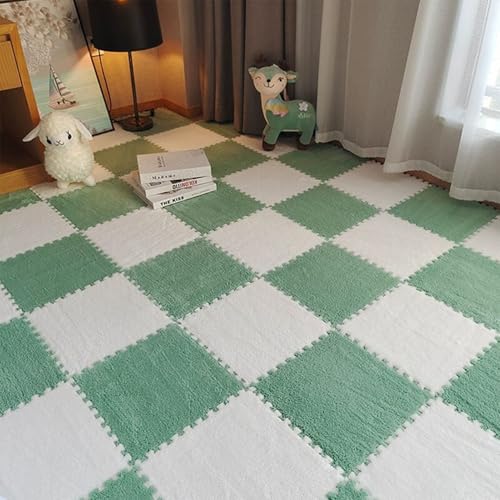 Ineinandergreifende Plüsch Schaum-Bodenmatten - Weiche, rutschfeste, Waschbare Puzzle-Fliesen für Haus, Kinderspielzimmer, Schlafzimmer(Green and White,10 pces) von LDZDGD