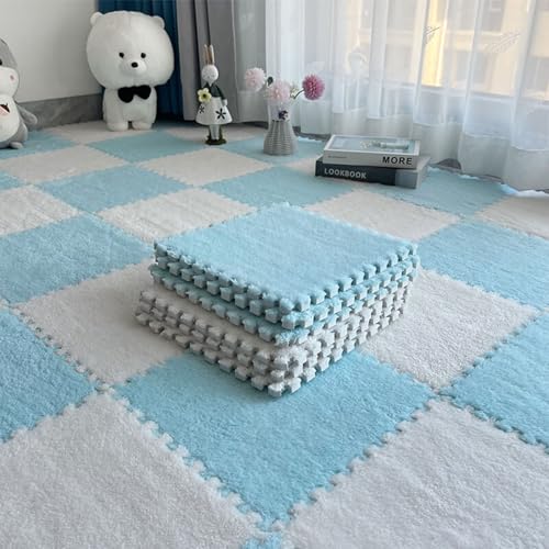 Ineinandergreifende Plüsch Schaum-Bodenmatten - Weiche, rutschfeste, Waschbare Puzzle-Fliesen für Haus, Kinderspielzimmer, Schlafzimmer(Sky Blue and White,10 pces) von LDZDGD