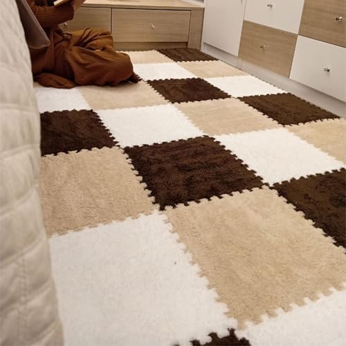 Plüschiger Schaumstoffboden, Ineinandergreifende Eva-Puzzlematten, Weich und rutschfest, Waschbar, Perfekt für Training, Yoga und Kinderspielzimmer.(Camel+Brown+White,24 pces) von LDZDGD