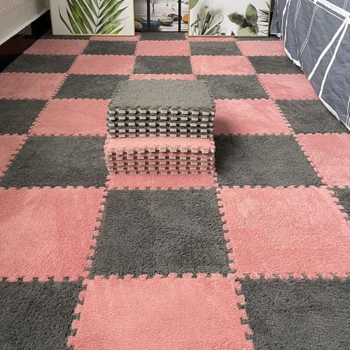 Puzzle Foam Floor Mats, Interlocking Eva Tiles, Weich & Plüsch, Anti-Rutsch-Teppich für Home Gym, Übung, Spielzimmer(Gray+Light Red,12 pces) von LDZDGD