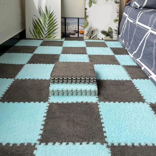 Puzzle Foam Floor Mats, Interlocking Eva Tiles, Weich & Plüsch, Anti-Rutsch-Teppich für Home Gym, Übung, Spielzimmer(Light Blue+Gray,100 pces) von LDZDGD