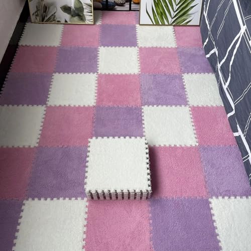 Puzzle Foam Floor Mats, Interlocking Eva Tiles, Weich & Plüsch, Anti-Rutsch-Teppich für Home Gym, Übung, Spielzimmer(Purple+Pink+White,12 pces) von LDZDGD