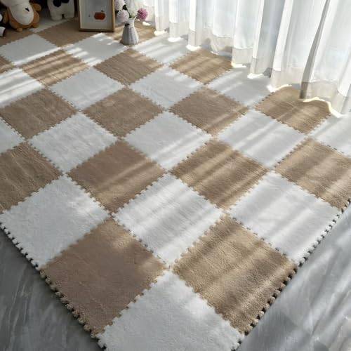 Schaumstoff-Bodenmatten, Ineinandergreifende Puzzlematte, Weicher und Rutschfester Eva-Schaum, Waschbar und Leicht Zu Reinigen, Teppichfliesen für Den Kinderspielbereich(Camel+White,100 pces) von LDZDGD