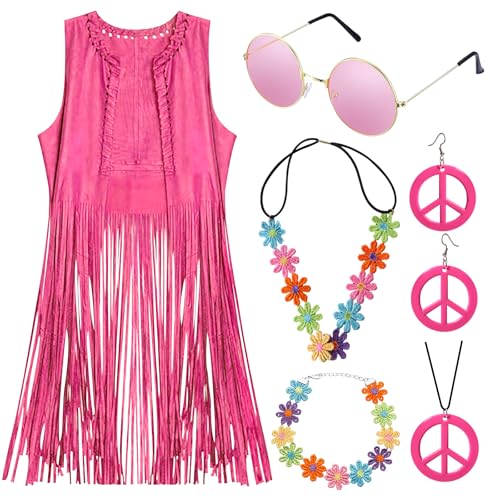 Hippie Kostüm Damen Weste Rosa 5stk Boho Retro Hippie Kleidung Damen Accessoire 60er 70er Jahre Bekleidung Damen Disco Outfit Karneval Cowgirl Kostüm Damen Hippie Oberteil Fransenweste Frau Fasching S von LEACCO