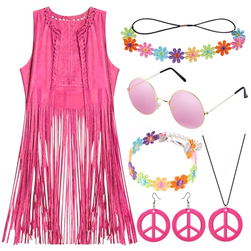 Hippie Kostüm Damen Weste Rosa 5stk Boho Retro Hippie Kleidung Damen Accessoire 60er 70er Jahre Bekleidung Damen Disco Outfit Karneval Cowgirl Kostüm Damen Hippie Oberteil Fransenweste Frau Fasching S von LEACCO