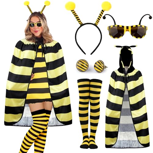 LEACCO Bienenkostüm Erwachsene Damen mit Bienen Umhang Haarreif Socken Brille Ohrringe Karneval Kostüm Biene Damen Bienen Kostüm Damen Biene Umhang Kleidung für Faschingskostüm Biene Damen Verkleidung von LEACCO