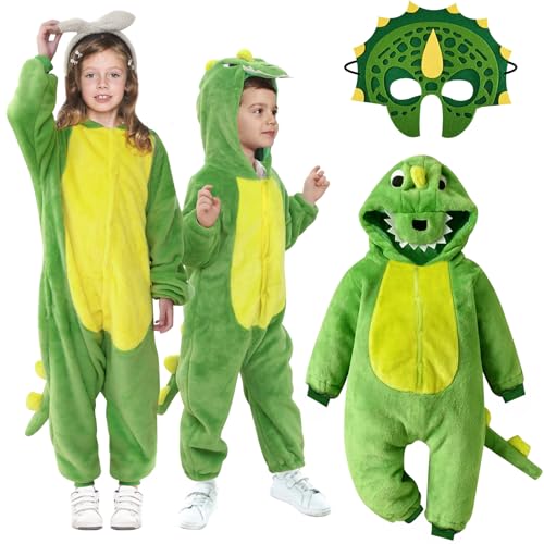 LEACCO Dinosaurier Kostüm Kinder 92-128 Faschings Kostüm Dino Kinder Jungen Mädchen Dino Kostüm Kinder T Rex Dinosaurier Dino Onesie Jumpsuit Baby Kind Tier Drachen Kostüm Kinder (104-116) von LEACCO