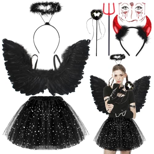 LEACCO Engel Kostüm Damen Set mit Engelsflügel Schwarz Heiligenschein TuTu Rock und Zauberstab Federflügel Engel Angel Wings Cosplay Schwarze Engelsflügel Teufel Kostüm Damen (Schwarz 01) von LEACCO