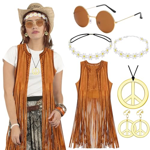 Hippie Kostüm Damen Weste Rosa mit Boho Retro Hippie Kleidung Damen Accessoires 60er 70er Jahre Bekleidung Damen Disco Outfit Karneval Cowgirl Kostüm Damen Hippie Oberteil Fransenweste Frau Fasching L von LEACCO