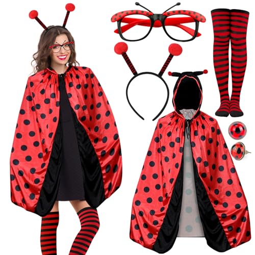 LEACCO Marienkäfer Kostüm Damen Umhang Set mit Marienkäfer Haarreif Ohrringe Socken Brille Karneval Kostüm Marienkäfer Damen Erwachsene kleidung für Faschingskostüme Damen Marienkäfer Verkleidung von LEACCO