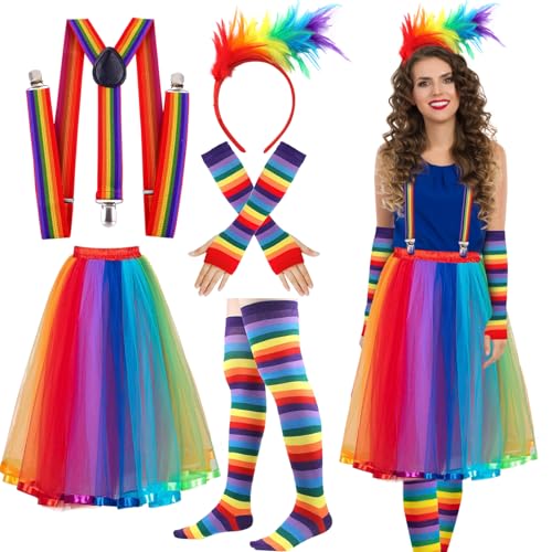 Regenbogen Kostüm Damen Karneval Bunter Tüllrock Damen Lang Feder Regenbogen Haarreif Handschuhe Socken Regenbogen Rock Kleid Damen 50er Jahre Rockabilly Kostüm Damen Fasching Tüllrock Bunt Damen Lang von LEACCO