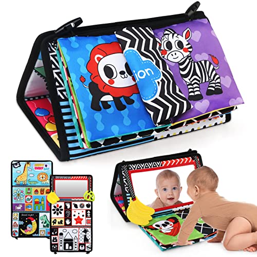 LEADSTAR Baby Spiegel Spielzeug,Faltbarer Baby Bauchlage Spielzeug mit Knisterbuch Schwarz Weiß Kontrastmuster,Kinderspiegel Spielzeug Geschenk für Neugeborene Jungen Mädchen 0-12 Monate von LEADSTAR