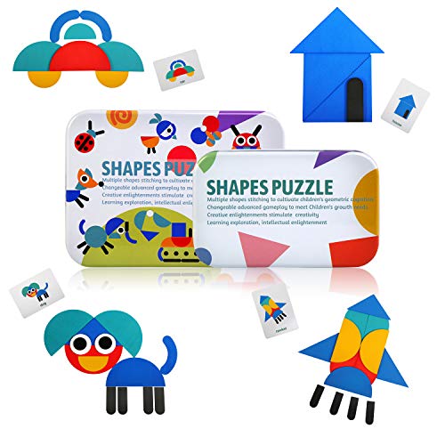 LEADSTAR Puzzle aus Holz, Spielzeug für Kinder 2 3 4 5 Jahre, Tangrams Kinder Holzblöcke Puzzles 36 Teile Puzzles Montessori Lernspiele aus Holz Modellblöcke aus Holz für Kinder, 60 Karten von LEADSTAR