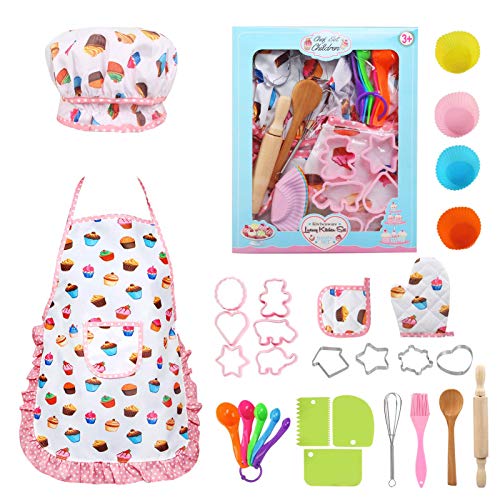 LEADSTAR Kinder Backset, Kochschürze Kinder Schürze Mädchen Kinderschürze Chef Set Kochset Kinder Küchenspielzeug Kochen Geschirr Spielen Rollenspiele Küche Spielzeug Geschenk mit Kochmütze, 30 Stück von LEADSTAR