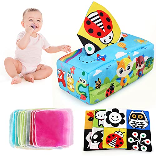 LEADSTAR Tücherbox Baby, Montessori Sensorik Spielzeug Babyspielzeug Tissue Box Baby Stoffbuch Motorikspielzeug Knisterbuch Seidentücher Kontrastkarten Sensorisches Tuch für 3-24 Monate Kleinkinder von LEADSTAR