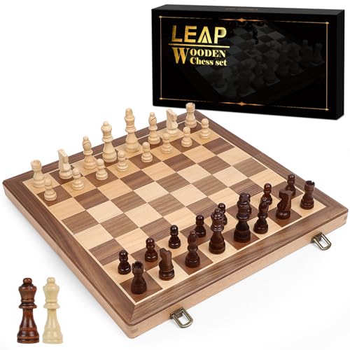 Schachspiel Holz 39cm Mit Hochwertigen Schachfiguren Klappbarer Holz Schach Turnier Schachbrett Mit Extra-Königinnen Handgefertigt Reisen Schach-Brettspiel mit Aufbewahrungsfächern Ideal FüR AnfäNger von LEAP