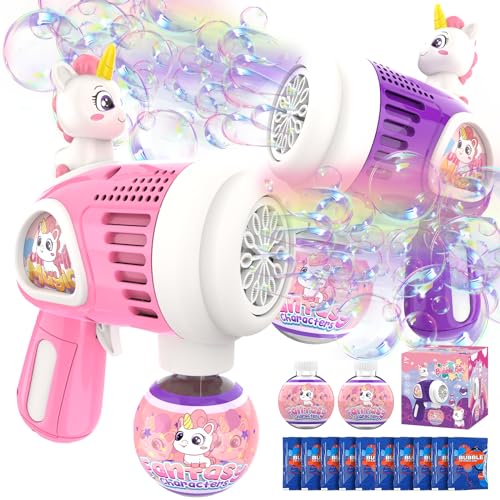 Einhorn Spielzeug Seifenblasenpistole, 2 Stück Seifenblasenmaschine für Kinder mit Seifenblasenlösung, Automatische Blasenmaschine Bubble Gun Geschenk für Geburtstag/Party von LEAPRCSTORE