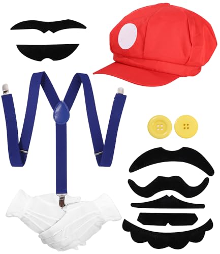 Mario Cosplay-Kostüme Für Kinder,Hut Für Erwachsene,2 gelbe Knöpfe,7 Stück Klebriger Schnurrbart,Weiße Handschuhe,1 Gurt,Cosplay Kostüme Für Männer,Frauen,Geeignet Party Thema,Urlaub Spielen,Halloween von LEAZZLE