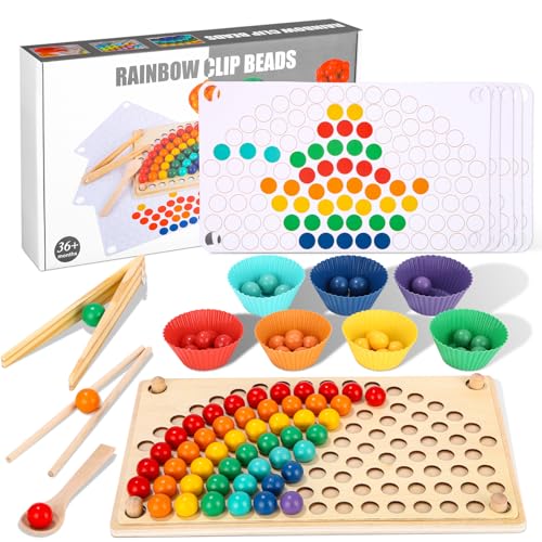 LEAZZLE Holz Montessori Spielzeug, Rainbow Clip Perlen Brettspiele, Puzzle & Geschicklichkeitsspiele & Mathe Lernspielzeug, Farben Sortier Stapelspielzeug für ab 3 4 5 6 Jahre,Kreativ Kinder Geschenke von LEAZZLE