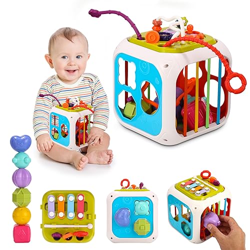 LEAZZLE Spielzeug ab 1 Jahr,7 in 1 Montessori Babyspielzeug Motorikschleife Activity Center Motorikspielzeug Lernspielzeug Sensorik Sortierspiel Motorikwürfel für Babys Kleinkinder 3-18 Monate von LEAZZLE