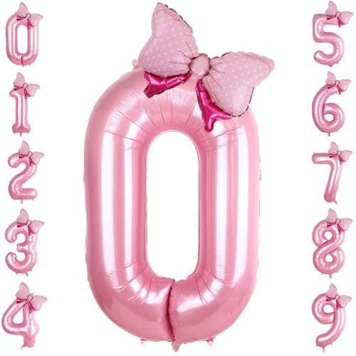 LEBERY Pink Bow Balloons 40 Inch Pink Number 0 Balloon Jumbo Pink Birthday Balloon for Girls, Mini Bowtie Foil Balloon for Pink Princess Cowgirl Mouse Themed Birthday Baby Shower Decorations von LEBERY