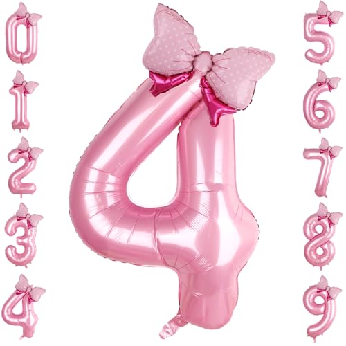 LEBERY Rosa Schleife Luftballons 40 Zoll Rosa Zahl 4 Ballon Jumbo Rosa Geburtstag Ballon für Mädchen, Mini Bowtie Folienballon für Rosa Prinzessin Cowgirl Maus Thema 4. Geburtstag Babyparty von LEBERY