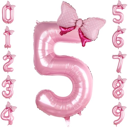 LEBERY Rosa Schleife Luftballons 40 Zoll Rosa Zahl 5 Ballon Jumbo Rosa Geburtstag Ballon für Mädchen, Mini Bowtie Folienballon für Rosa Prinzessin Cowgirl Maus Thema 5. Geburtstag Babyparty von LEBERY