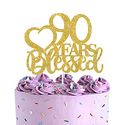 90 Years Blessed Cake Topper, Gold Glitter, Cheers to 90th Birthday Party Decor, Our 90th Anniversary Cake Decorations Supplies von LECAKTO