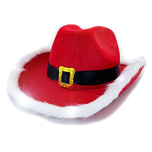 LED blinkender Weihnachts-Cowboy-Hut mit rotem Weihnachtsmann, Westernurlaub, beleuchteter Hut für Halloween-Kostüm, Zubehör, Requisiten, Cosplay, Urlaubsdekorationen von LEEMASING